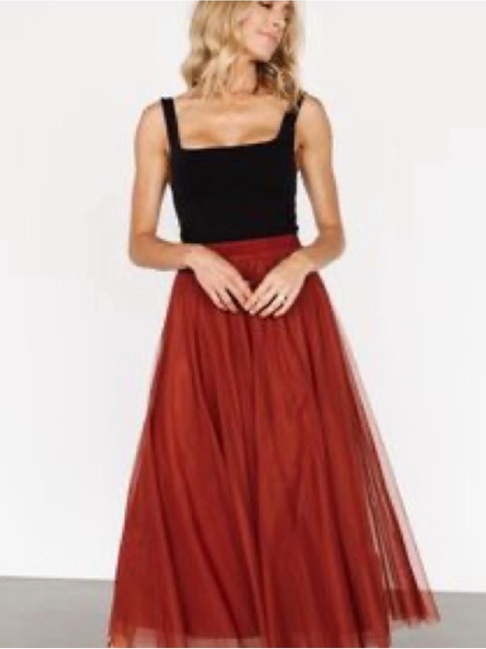 Listicle Women's Brick Red Tulle Maxi Skirt